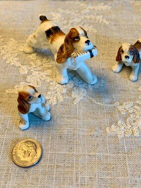 Vintage MCM Adorable Miniature Ceramic Hand Painted Spaniel Dog Figurine 3 Set